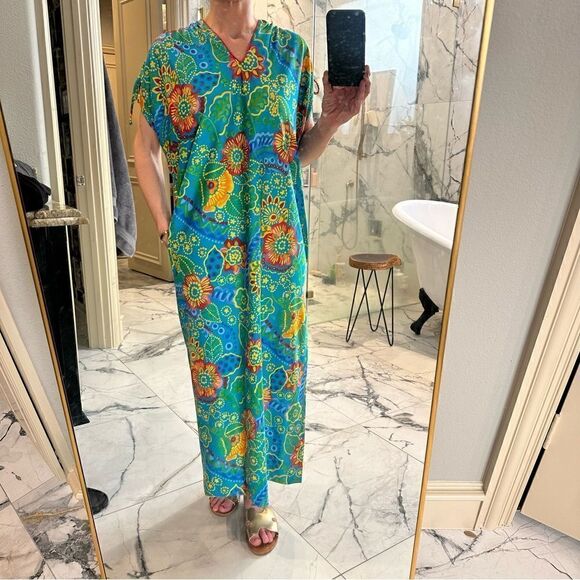 Christian Dior Lougewear | Vintage floral maxi Kaftan Mrs. Roper party moo moo - Picture 1 of 9